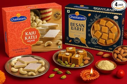 Ghasitaram's Gift Hamper For Diwali Kaju katli + Besan Barfi 400gm With Card + Pujathali