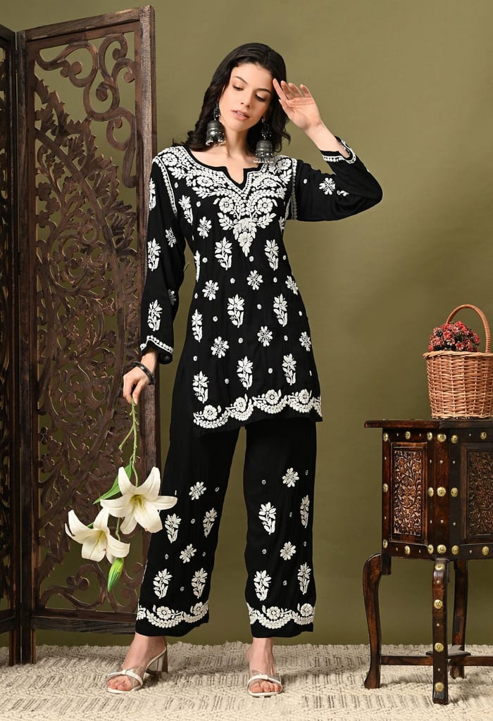 Chikankari Cord Set in Modal Fabric - Black
