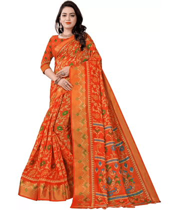Vkaran Cotton Silk Printed Saree With Unstitched Blouse Piece ( Orange )