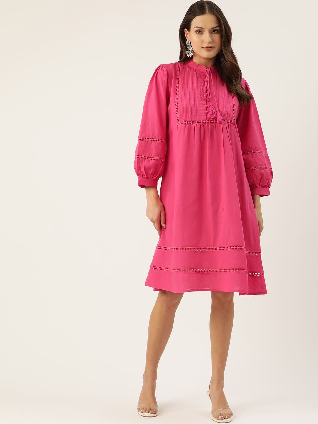 Pink Short Dress with Pleated Yoke-S