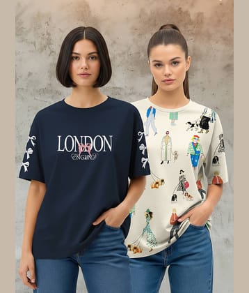 HELLCAT Women Cotton Blend Printed Oversized Fit Round Neck T-Shirt ( Multicolor 3 )