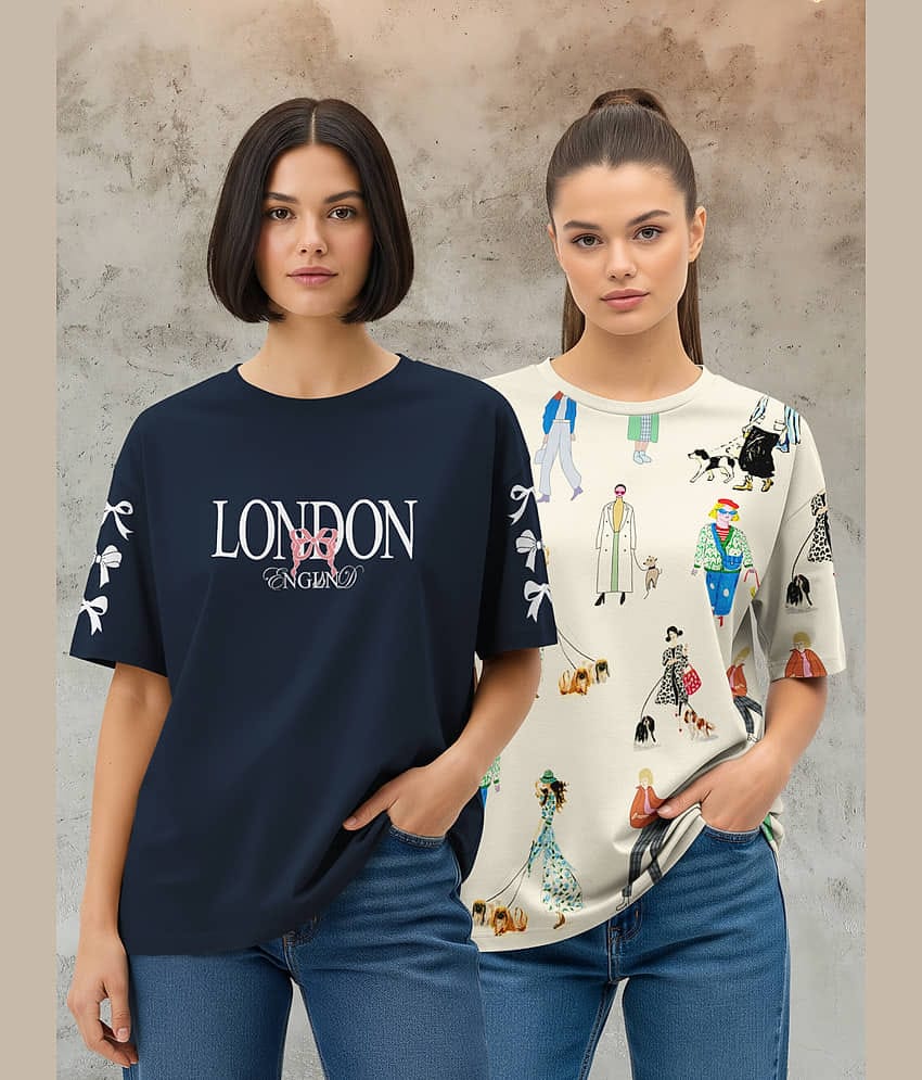 HELLCAT Women Cotton Blend Printed Oversized Fit Round Neck T-Shirt ( Multicolor 3 )