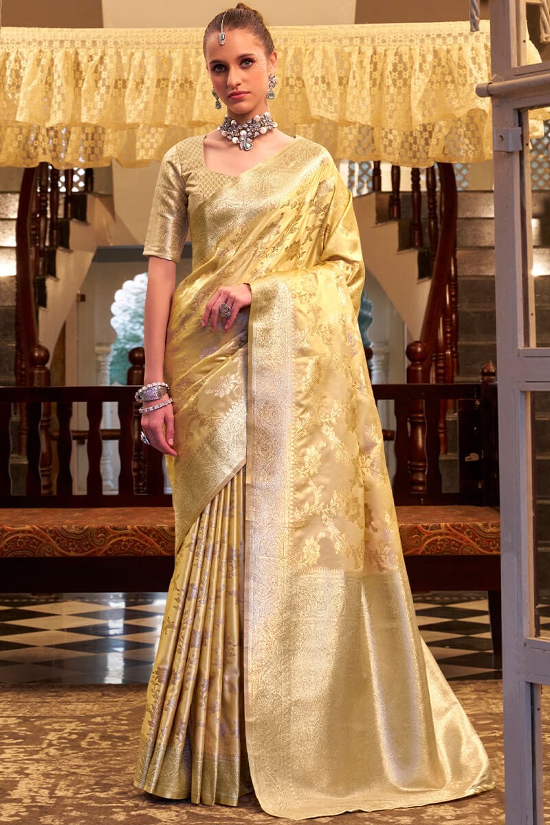 Jasmine Yellow Banarasi Satin Silk Saree