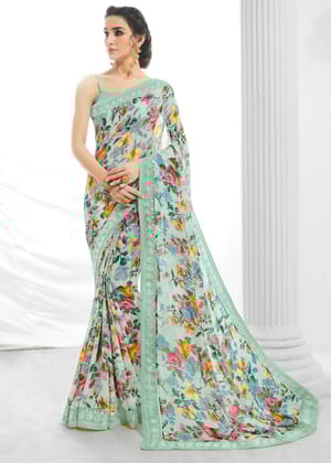 Pista Green Printed Saree With Embroidary