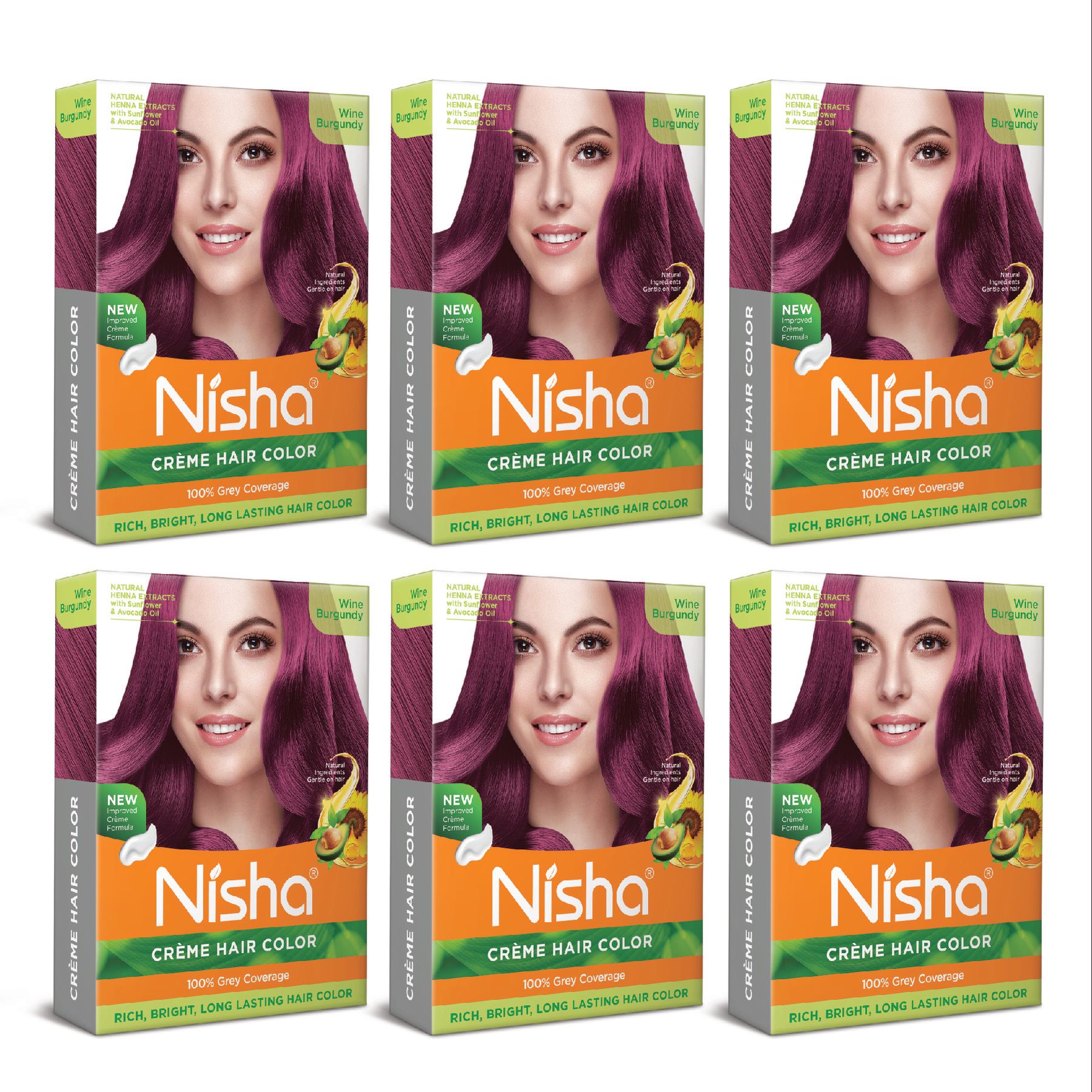 Nisha Creme Hair Color Wine Burgundy 40g Pack of 6, Permanent Hair Color for Women Men, 100% Grey Coverage