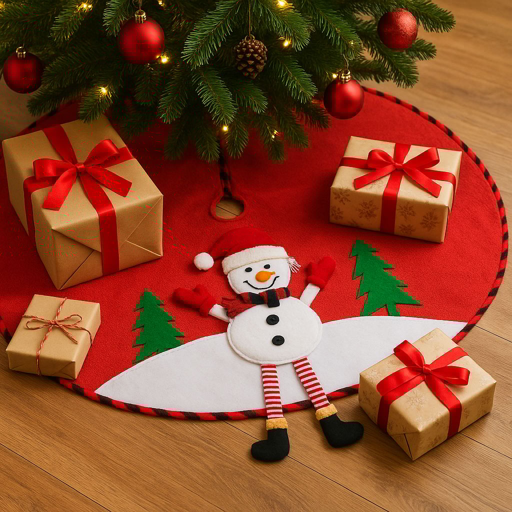 Christmas Tree Skirt, 120 cm Diameter – Red Cotton-Linen with Snowman