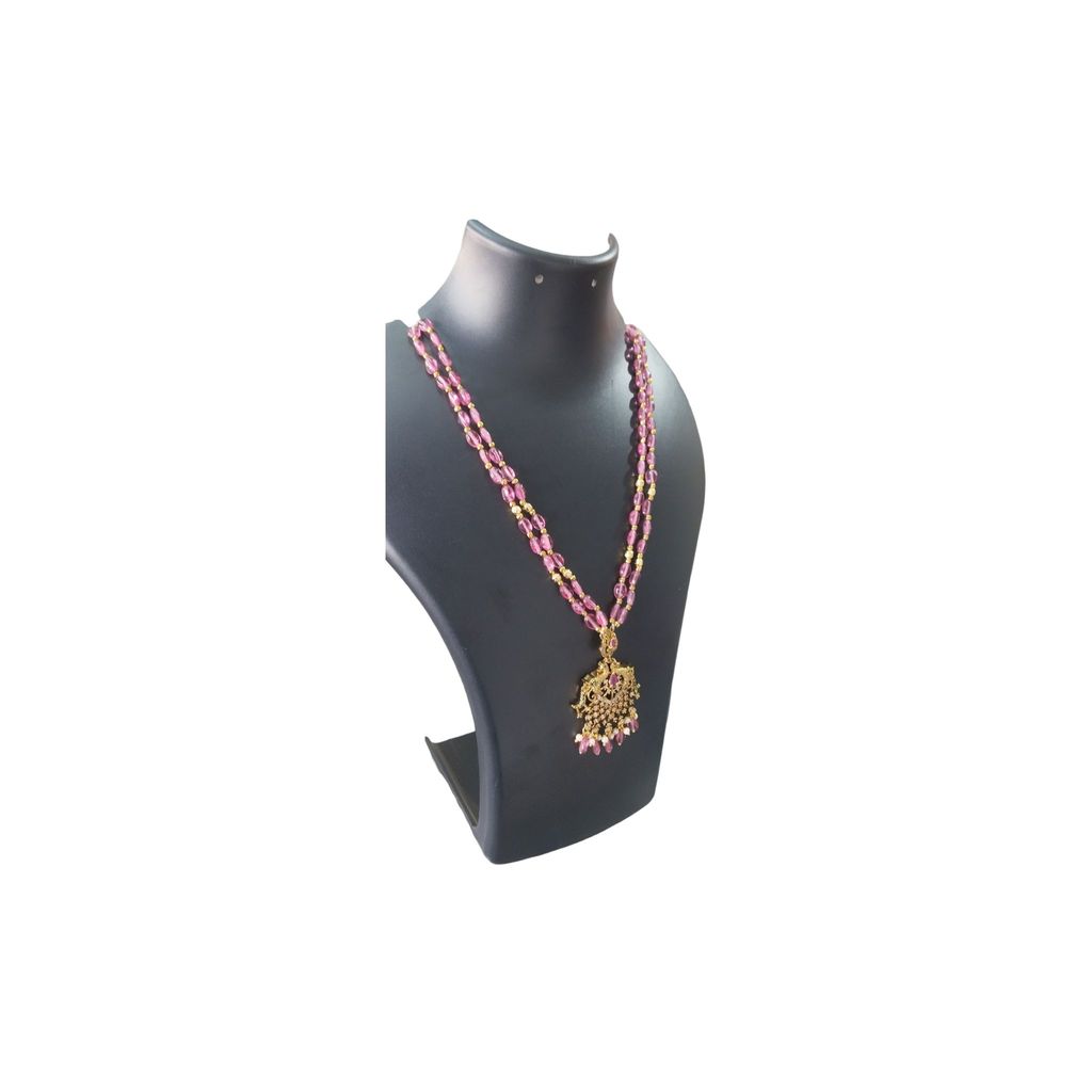 Delicate Pink Beaded Necklace with Antique Gold Pendant