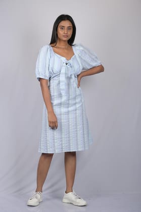 OWO THE LABEL Half Sleeve Dress for women western outfits Front Knot Puff Sleeves Dress (OTL-DRS1048)-Sky / S