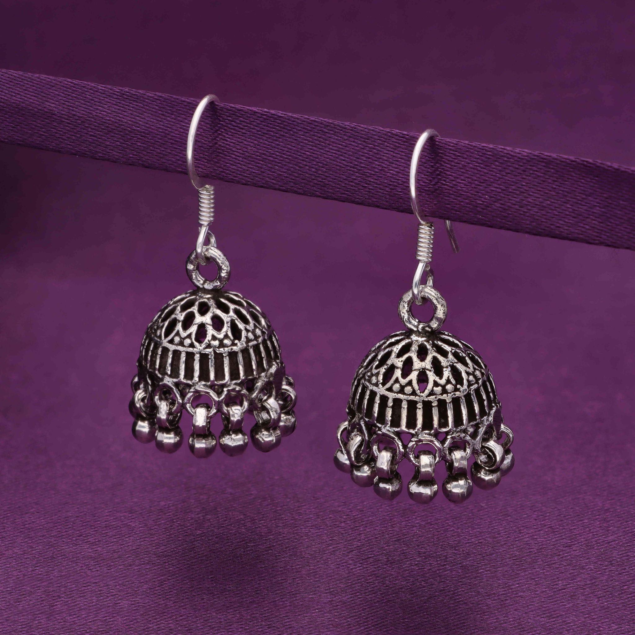 Crown Dome Silver Jhumki Earrings-None / Oxidised Silver