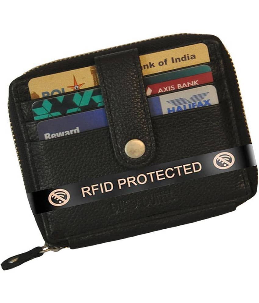 DUO DUFFEL RFID Protected Black Genuine Leather Card Holder Zipper Clouser