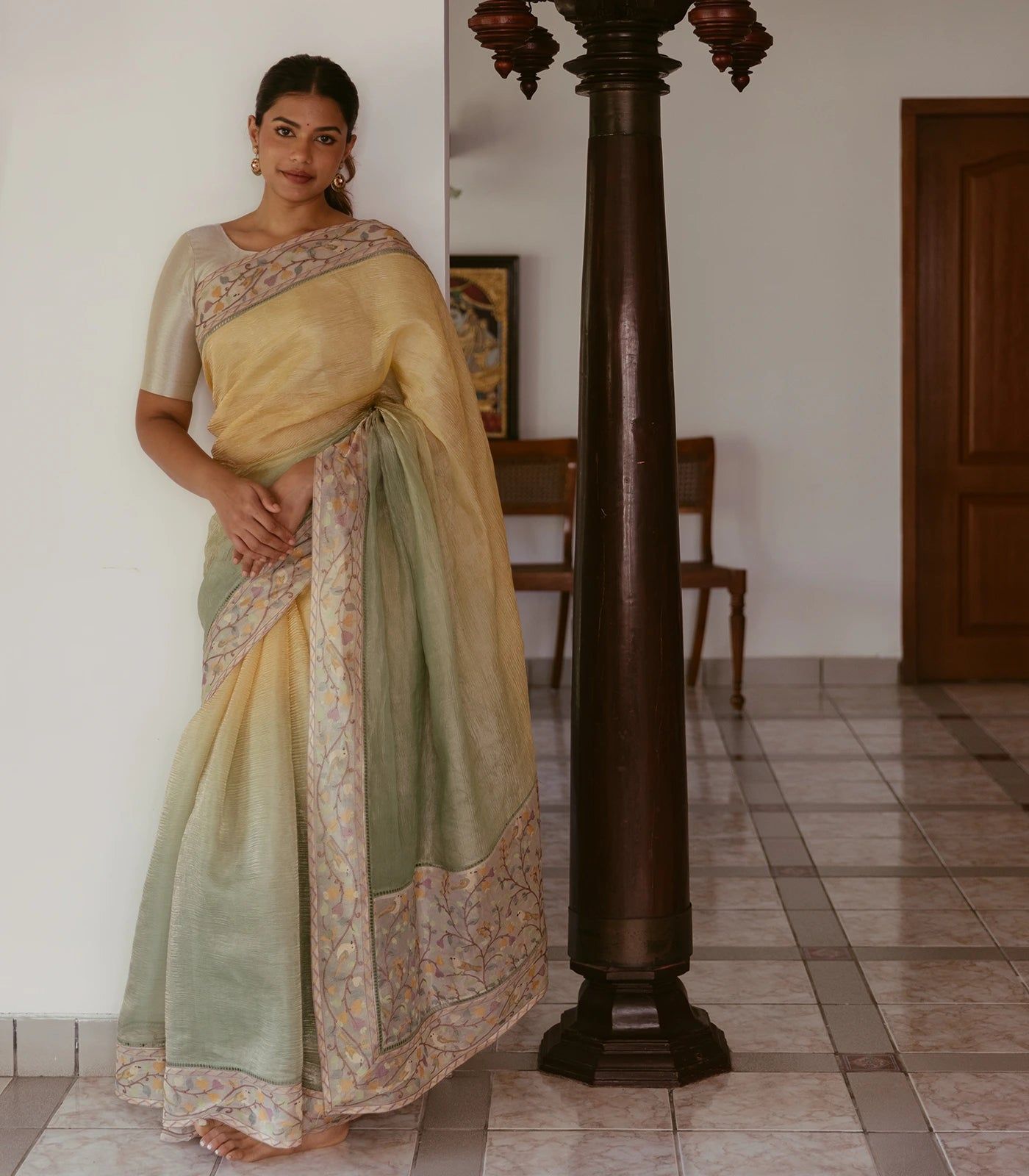Green & Mustard Banarasi Crushed Tissue Saree With Embroidered Motifs-Green