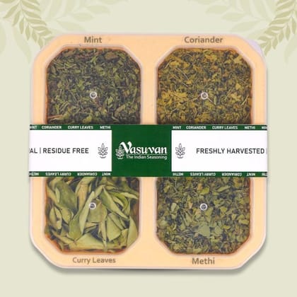 Vasuvan Indian Herbs Dabba (285g) | Assorted Dried Herbs Combo (Coriander, Mint, Curry, Methi) | Complete Kitchen Set