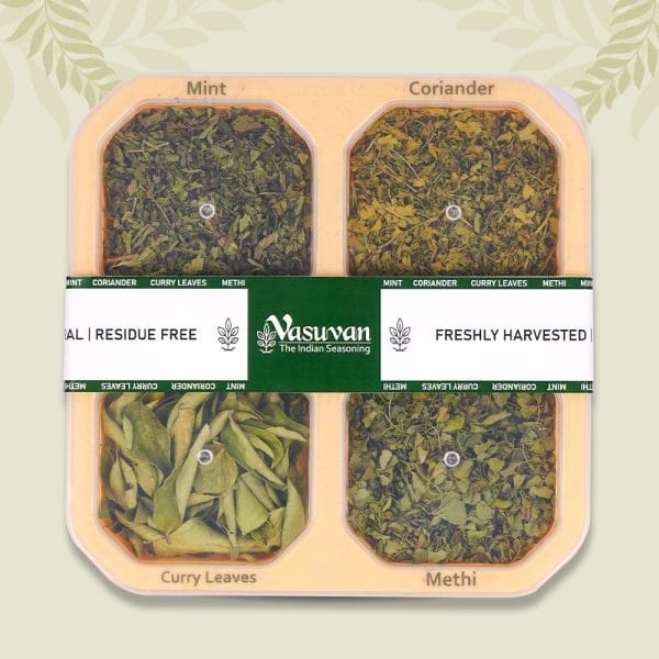 Vasuvan Indian Herbs Dabba (285g) | Assorted Dried Herbs Combo (Coriander, Mint, Curry, Methi) | Complete Kitchen Set