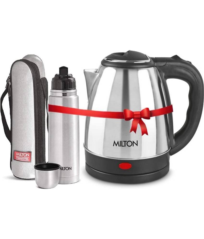 Milton Combo Set Go Electro 2 Ltrs Electric Kettle and Flip Lid 500 ml- Silver Thermosteel Hot or Cold Stainless Steel Water Bottle with Jacket