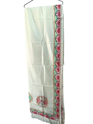 Exquisite Bhagapuri Silk Dupatta with Handmade Madhubani Painting - Luxurious Feel - Ideal for Weddings & Cultural Events - Vibrant Floral Motifs in Red and Green - Perfect Size for Elegant Draping