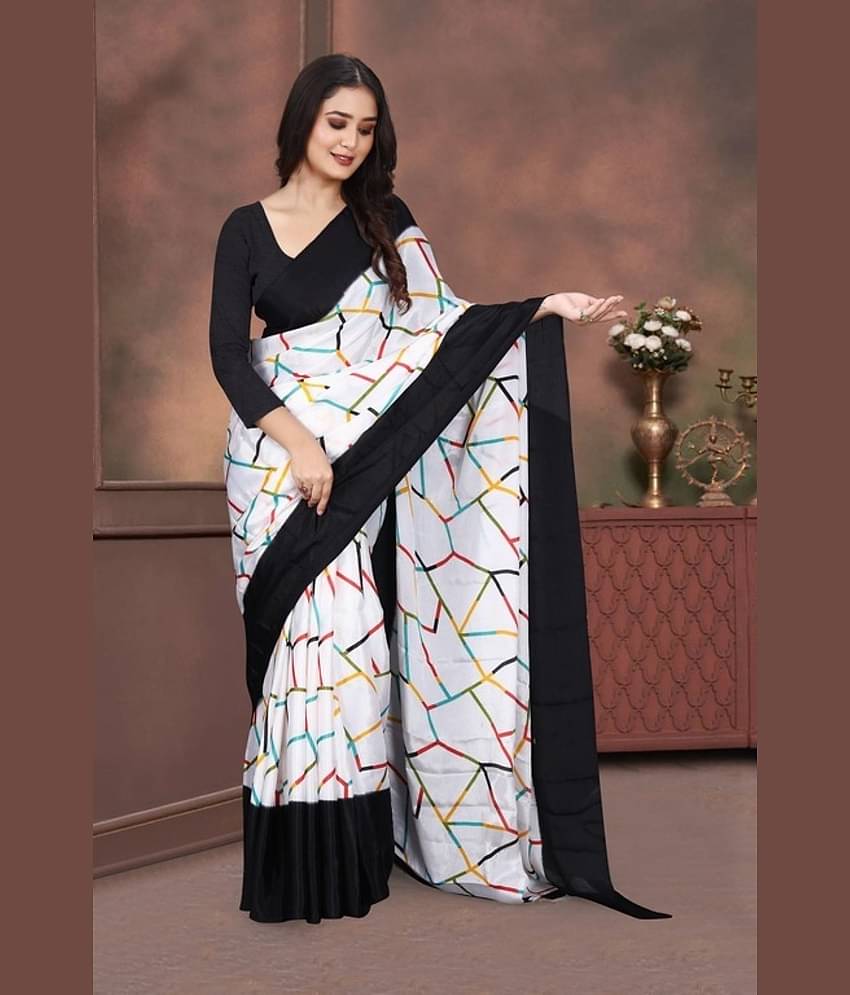 JIHANA FAB Chiffon Printed Saree With Unstitched Blouse Piece ( Multicolor )