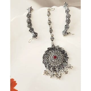 Oxidized silver- plated pink stone maangtika Earcuff Combo (set pack of 1)