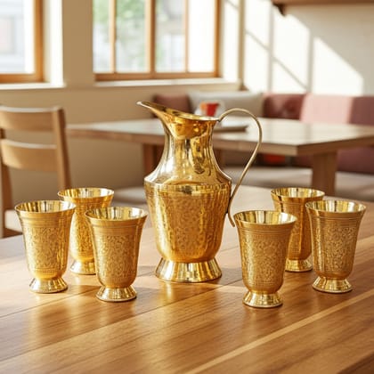 Brass Jug with 6 Glasses – Lemon Set | Luxury Drinkware Combo, Height : 9 Inch (ZMAS234 C)
