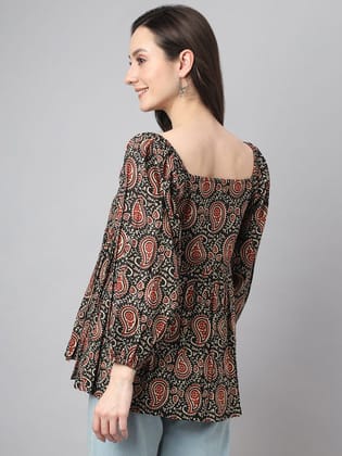 Black Ethnic Motifs Printed Square Neck Cotton A-Line Top