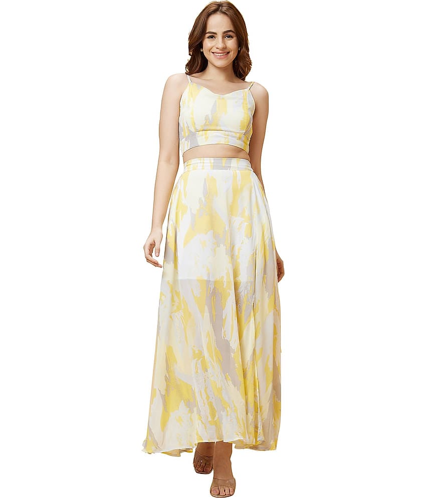 Globus Women Printed Top With Skirt Co-Ord Set ( Yellow )