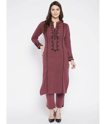 zigo Woollen Embroidered Kurti With Palazzo Women's Stitched Salwar Suit - Burgundy ( Pack of 1 )