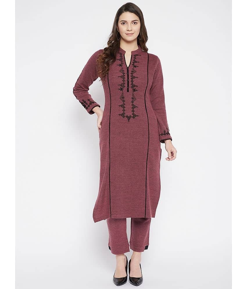 zigo Woollen Embroidered Kurti With Palazzo Women's Stitched Salwar Suit - Burgundy ( Pack of 1 )
