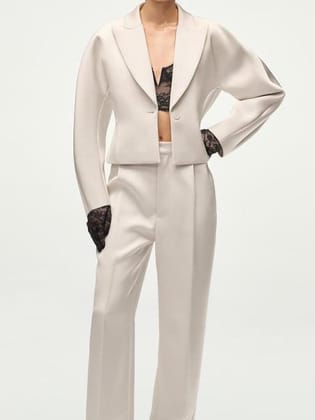 Short Puff Blazer & Wide Leg Pants Coord Set-M / Beige