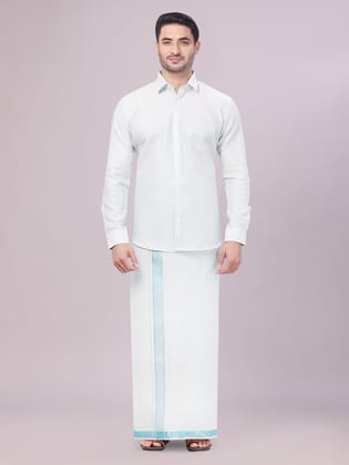 Mens Mint Blue Colour Jacquard Shirt with Matching Flexi Dhoti Combo Zeebra-36 / F/S / Mint Blue