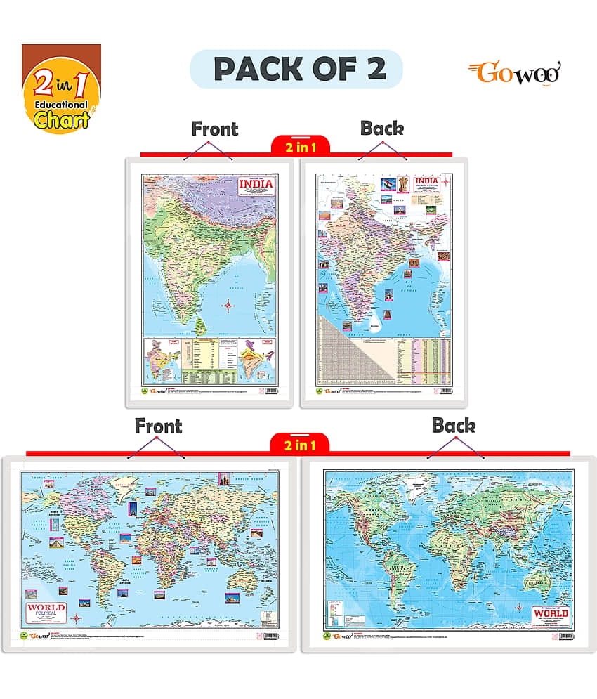 Set of 2 | 2 IN 1 INDIA POLITICAL AND PHYSICAL MAP IN ENGLISH and 2 IN 1 WORLD POLITICAL AND PHYSICAL MAP IN ENGLISH Educational Charts