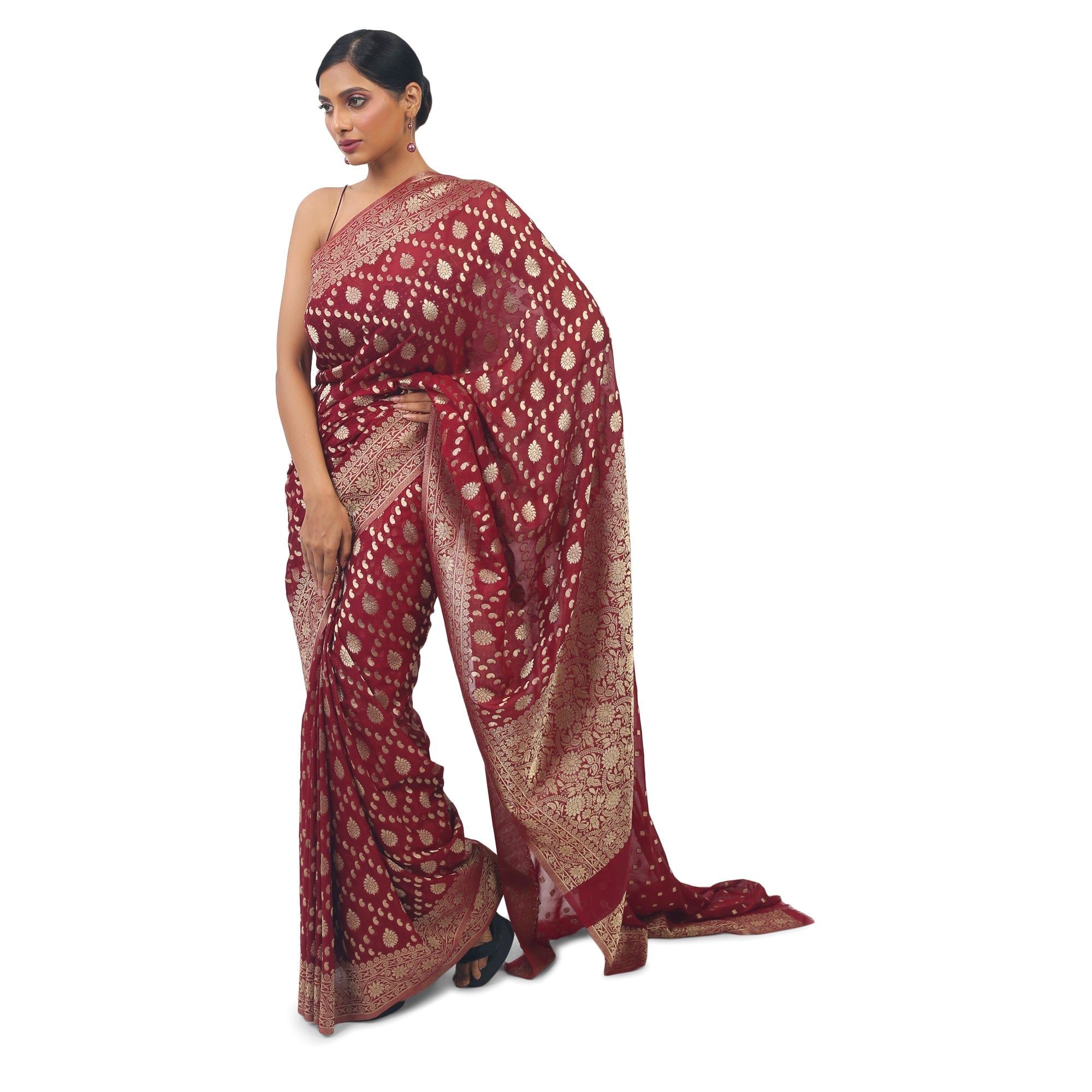 TheHangr Maroon Soft Georgette Banarsi Saree With Golden Work Boarder