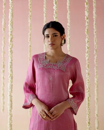 Peony Pink Tissue Kurta with Narrow Pants - Set of 2-XXS / XXS