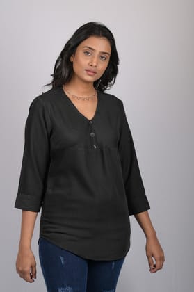 V neck top for women western party wear with button Black Striped V-Neck Top (OTL-TPS1063)-Black / S