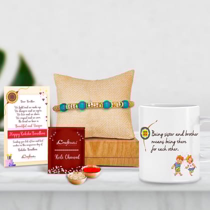 Designer Pearl Rakhi with Mug for Brother and Roli Chawal Pack, Best Wishes Greeting Card