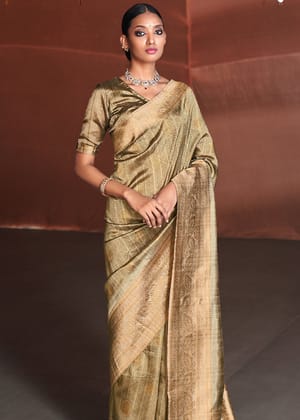 Antique Bronze Woven Banarasi Silk Saree With Digital Print
