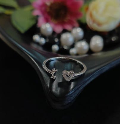 Silver Plated I & Heart Shaped Cubic Zicronia Adjustable Fin