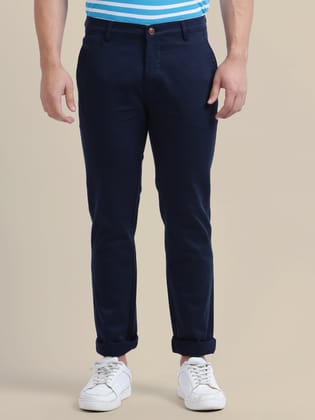 Navy Casual Trousers Solid Cotton Lycra Smart Fit-30