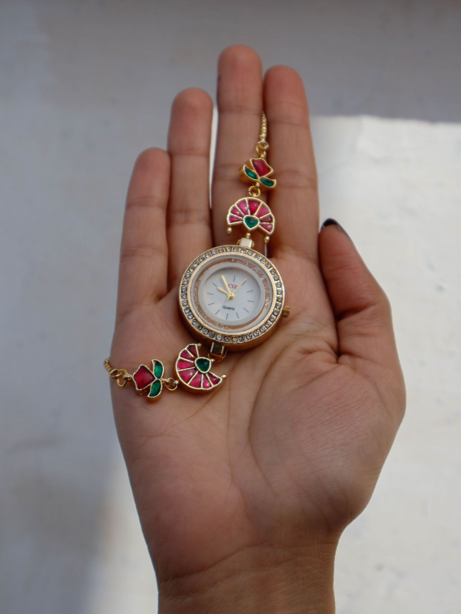 Welsa Red-Green Kundan Wrist Watch-Red