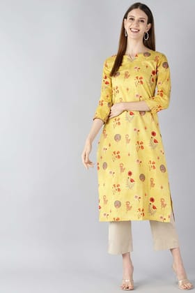 Women Mustard Yellow & Red Floral Print Straight Kurta VCK1595