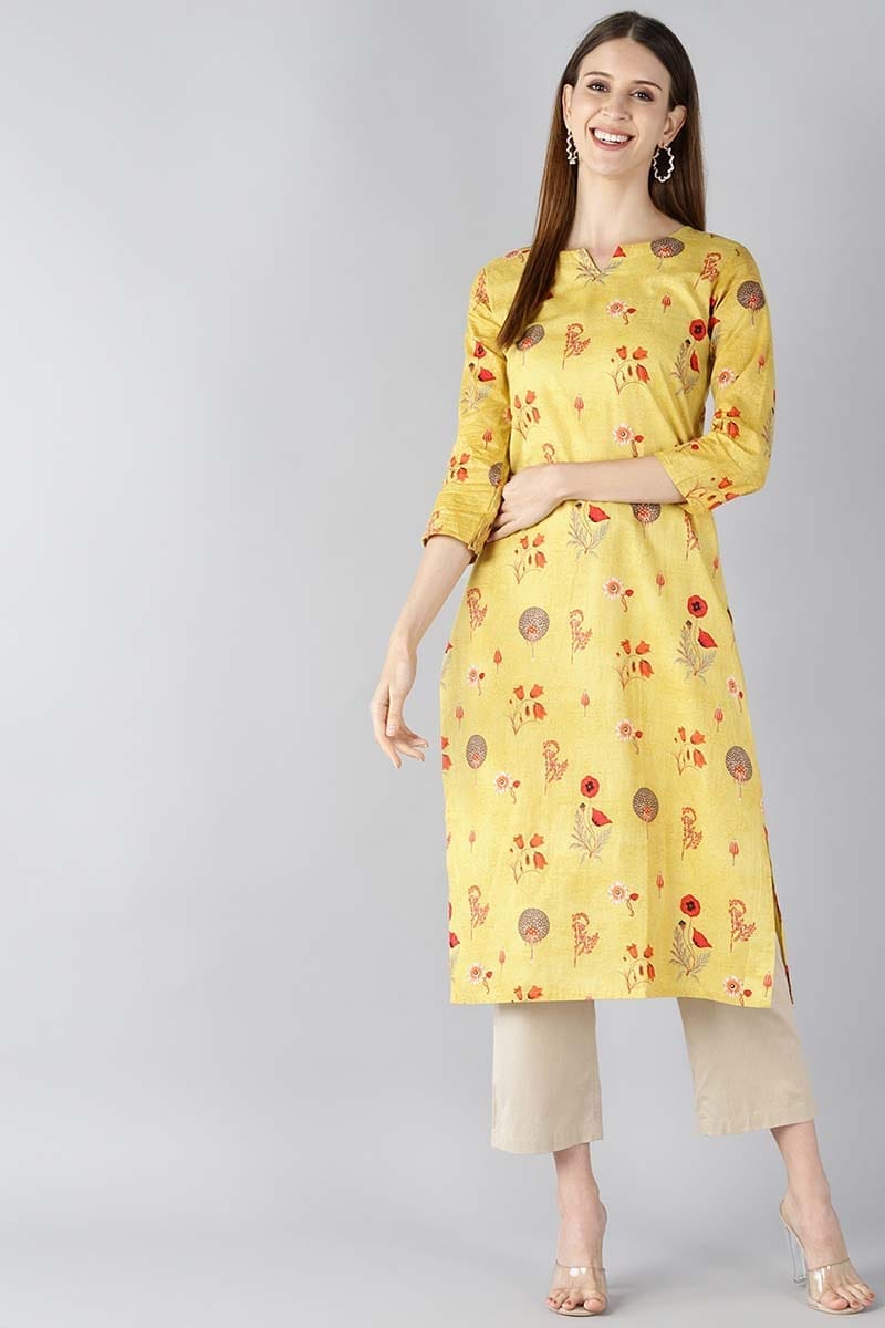 Women Mustard Yellow & Red Floral Print Straight Kurta VCK1595