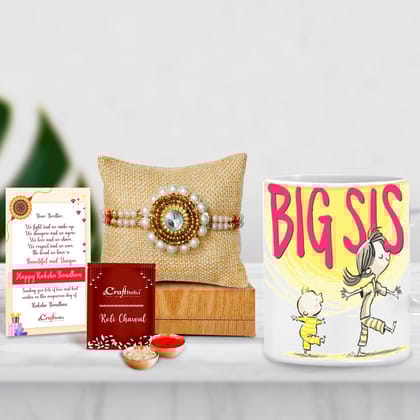 Designer Handcrafted Stone Pearl Rakhi with Mug for Brother and Roli Chawal Pack, Best Wishes Greeting Card