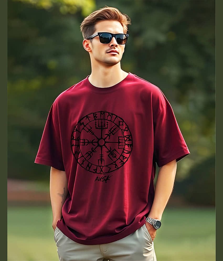 AUSK Men Cotton Blend Oversized Fit Printed T-Shirt ( Maroon )