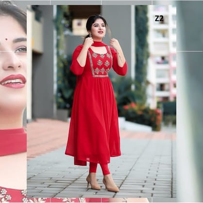 Women Embroidered Georgette Anarkali Kurta, Bottom With Attached Dupatta-XS