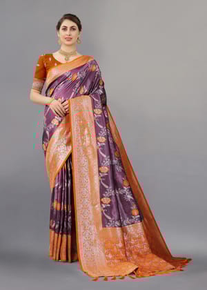 Yavira silk Women's Orange Handwoven Silk Blend Saree