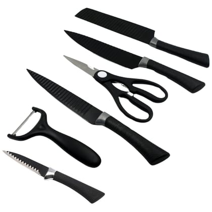 Alunari 6 Pieces Kitchen Knife Set, Meat Knife, Chef's Knife with Non-Slip Handle for Home, Kitchen and Restaurant with Chef Peeler and Scissor (Stainless Steel / 6 Pcs Set)