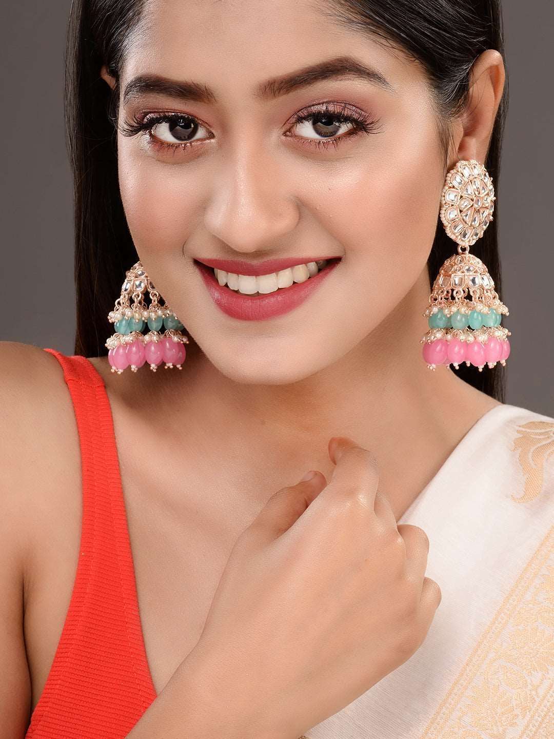 Gold Plated Mint & Pink Kundan studded & Beadded Jhumka Earrings