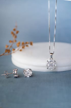 Invisibly Glam Solitaire Rose Gold Plated Sterling Silver Pendant Set-With Chain / Silver
