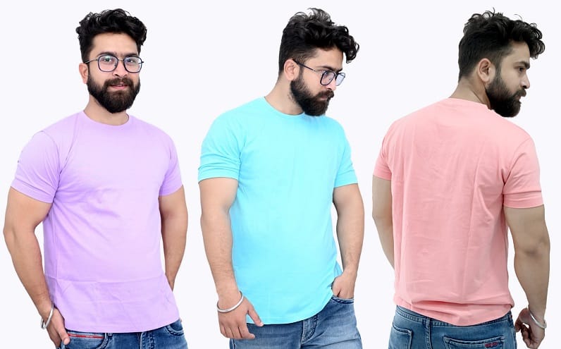Tru Threads Solid Premium T-Shirt 3 Pcs Combo - Cyan, Lavender, Peach (Size-M)