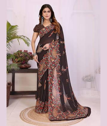 TTH Georgette Printed Regular Saree With Unstitched Blouse Piece ( Brown )