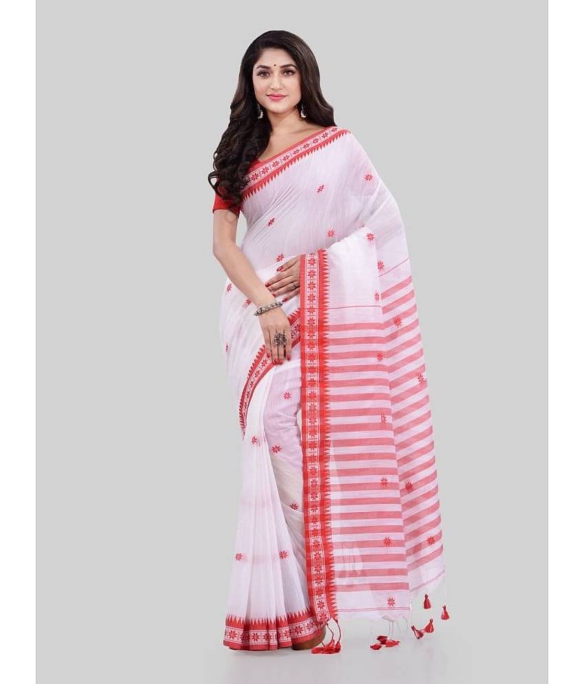 Desh Bidesh Cotton Striped Saree With Unstitched Blouse Piece ( White )