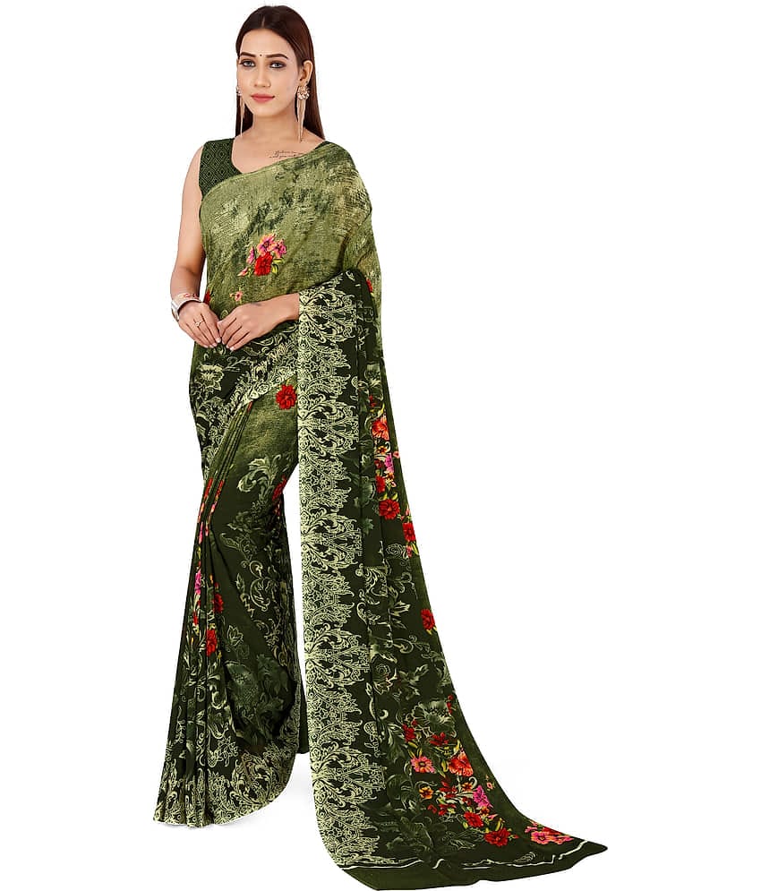 ANAND SAREES Renial Printed Saree With Stitched Blouse ( Green )